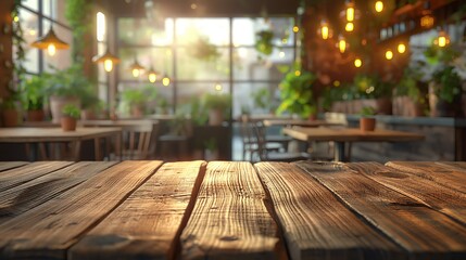 Charming cozy cafe ambiance featuring a wooden table, plants, and soft lights, providing a comfortable spot for relaxation and social interaction