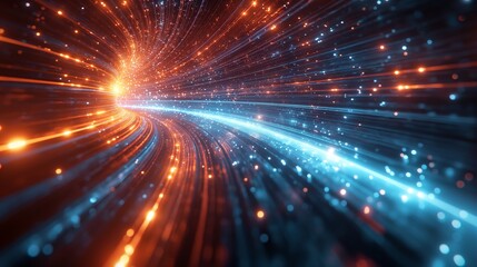 A glowing data stream within a futuristic AI tunnel, representing speed, digital transformation, and innovation in technology and transport systems