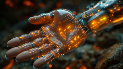 A close-up of a high-tech AI robotic hand with glowing circuits, representing digital connectivity, futuristic technology, and the advancement of artificial intelligence