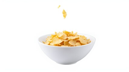 Corn flakes with milk splash in white bowl isolated on white background.