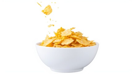 Corn flakes with milk splash in white bowl isolated on white background.