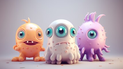 Three cute and colorful cartoon monsters with big eyes, perfect for kids storybooks