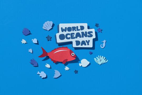 World Oceans Day Celebration Art with Colorful Fish and Shells