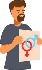 Young man holding banner with gender symbols, male and female sign, gender equality, feminism, sex education