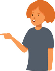 Young woman pointing her finger to the side while smiling happily