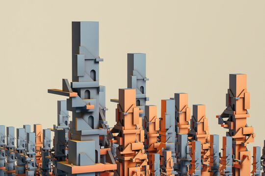 Abstract geometric shapes with stairs and laptops