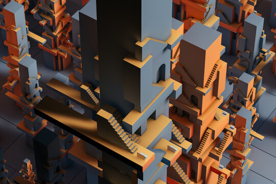 Abstract geometric shapes with stairs and laptops