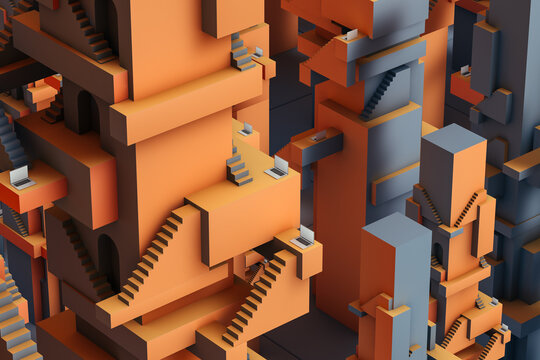 Abstract geometric shapes with stairs and laptops