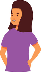 Young woman is standing with her hands on her hips, looking up with a thoughtful expression