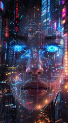 Obraz premium Close-up of a woman's face with neon lights and digital overlay, symbolizing technology.