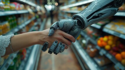 A human shopper and AI robot shaking hands in a grocery store aisle, representing futuristic cooperation in technology and collaboration for retail foodservice and consumer shopping