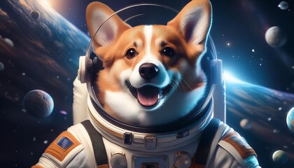 A smiling corgi in an astronaut suit floats in space