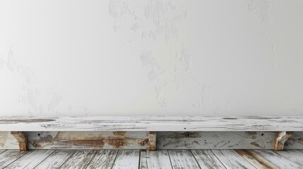Empty wooden white table over white wall background