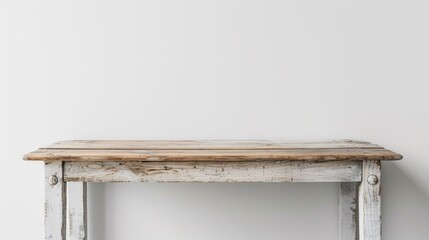 Empty wooden white table over white wall background