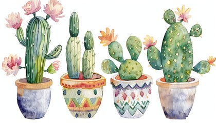Watercolor cacti in pots. Hand drawn illustration isolated on white background