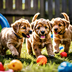 A medium shot of three puppies playing together in a backyard, with toys scattered around, during a sunny afternoon, shot with a Canon EOS-1D X Mark III, 50mm f/1.4 lens, vibrant colors
