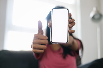 Hands Giving Thumb Up While Holding Smartphone With Blank White Screen For Mockup