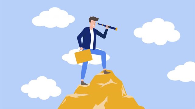 animation a businessman is at the peak of his career. on a mountain of gold while looking at a bright future using binoculars that symbolize the vision and mission towards success.
