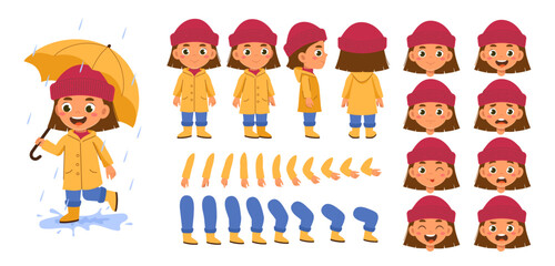 Autumn girl constructor set. Happy child running with umbrella in autumn and fall season. Pack of legs, hands and faces for creating animation. Flat vector collection