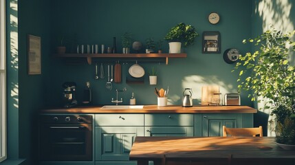 Modern Kitchen with Green Accents and Sunlight