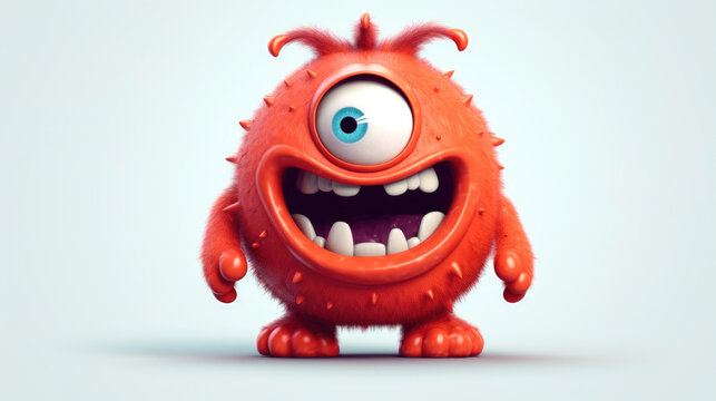 Cute Furry fluffy Orange Monster, cartoon 3d, alien monster illustration, on white background.