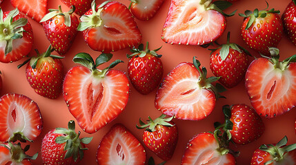 A lot of fresh sliced strawberries on a red background. Delicious strawberry. Red strawberry. red background. Slice strawberry texture