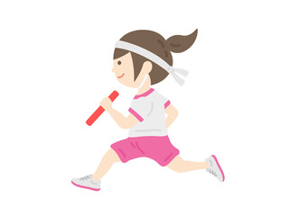 運動会のリレーで走る、バトンを持った、女の子のイラスト