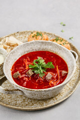 Traditional Ukrainian Borscht with Bacon and Pampushki Bread – Authentic Eastern European Cuisine