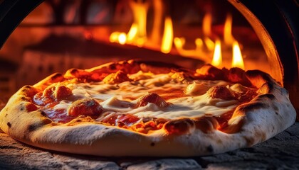 Wood-Fired Pepperoni Pizza Cooking in Oven