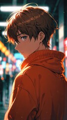 Fototapeta premium anime boy in orange sweater portrait character cartoon manga design illustration art 212