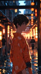 Obraz premium anime boy in orange yukata portrait character cartoon manga design illustration art 216
