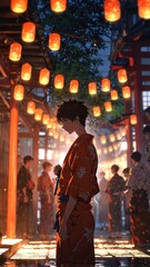 Obraz premium anime boy in orange yukata portrait character cartoon manga design illustration art 215