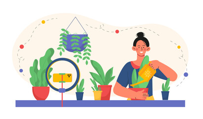 Florist blogger woman. Young girl plants plants in flower pots. Popular blogger creates interesting content. Floristry and botany. Flat vector illustration