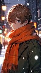 Obraz premium anime boy in winter orange scarf portrait character cartoon manga design illustration art 272