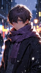 Obraz premium anime boy in winter purple scarf portrait character cartoon manga design illustration art 274
