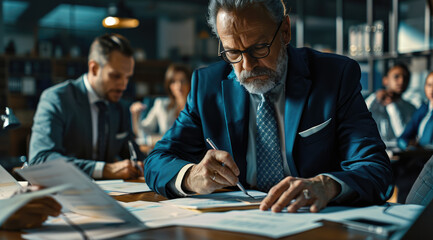 A senior businessman in a blue suit writing on paper with other business people working behind him in a meeting room