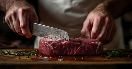 A close-up of a chef's hands slicing raw meat with a sharp knife on a wooden board, highlighting culinary precision and freshness.
