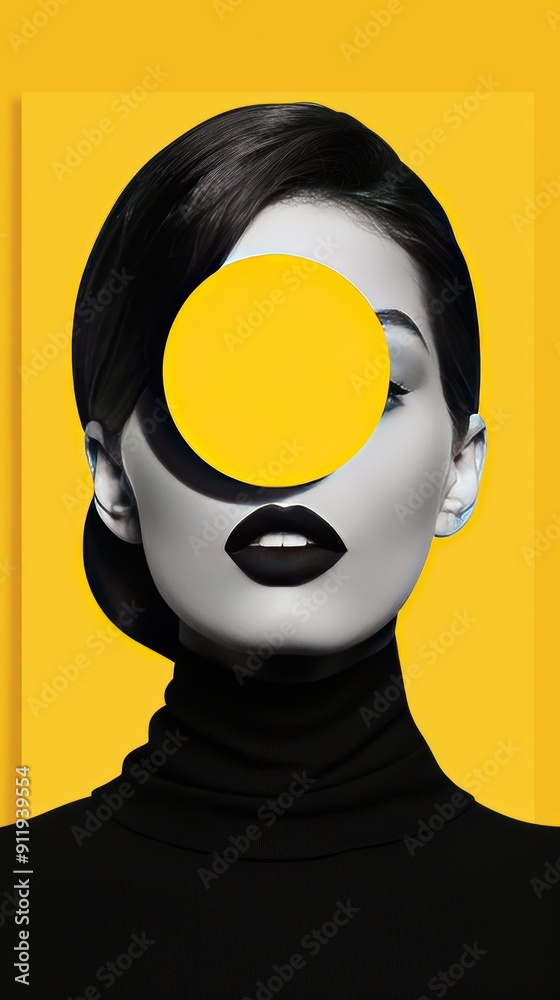 Poster Black and yellow portrait of woman with circle over eye.