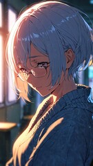 Fototapeta premium anime grandma in blue sweater portrait character cartoon manga design illustration art 548
