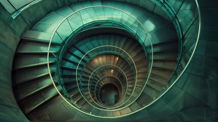Spiral staircase inside a modern cylindrical building with glass floors