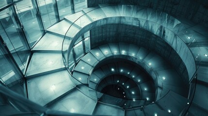 Spiral staircase inside a modern cylindrical building with glass floors