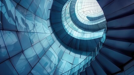 Spiral staircase inside a modern cylindrical building with glass floors