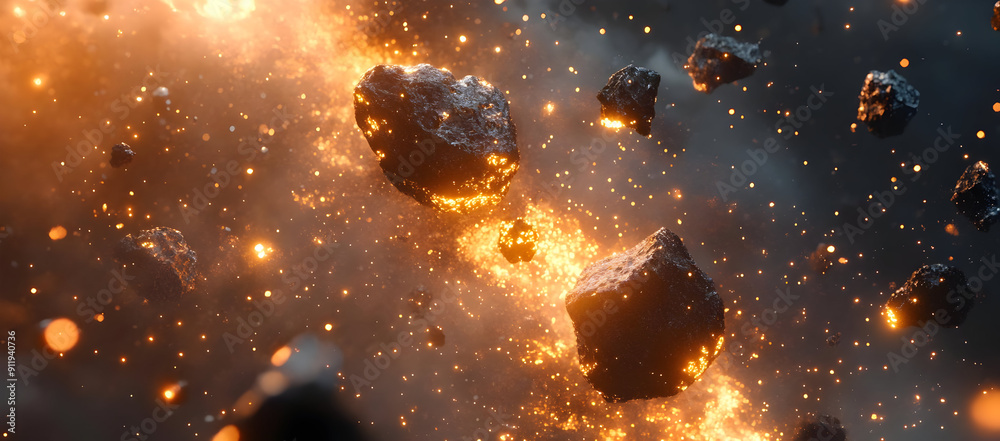 Wall mural an awe-inspiring cosmic scene featuring asteroids and fiery trails in a dark space background, perfe
