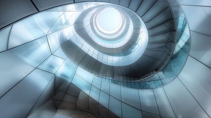 Spiral staircase inside a modern cylindrical building with glass floors