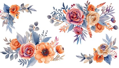 Obraz premium Watercolor bouquets of flowers and leaves.