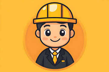 Cheerful character wearing a construction hat, symbolizing safety and professionalism in the construction industry.