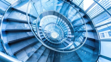 Spiral staircase inside a modern cylindrical building with glass floors