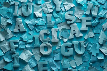 Latin alphabet in disarray on blue green background  literacy, education, language study