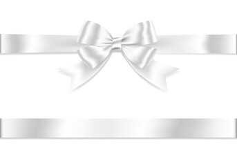 White Ribbon Bow Realistic shiny satin with shadow horizontal ribbon for decorate your wedding invitation card ,greeting card or gift boxes vector EPS10 isolated on white background.