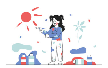 Girl draws on wall. Child with brush and paints paints on wall. Development of childrens creative skills. Education and training. Hobbies and leisure. Linear vector illustration